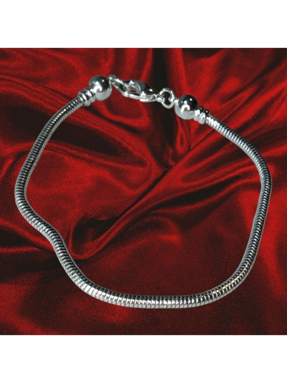 7" Silver Snake Chain Charm Bracelet Ball End Caps Lobster Clasp Fit Beads- Eleg